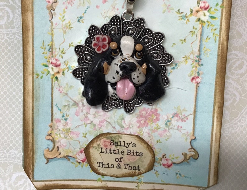 Black Tri Color Basset Hound with flower dog Pendant Necklace Unique and One of a Kind Hand Crafted by Sally
