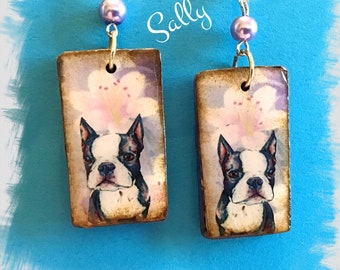 Handmade Black and White Boston Bulldog Terrier polymer clay earrings Vintage Look Unique and Whimsical One of a Kind Hand Crafted by Sally