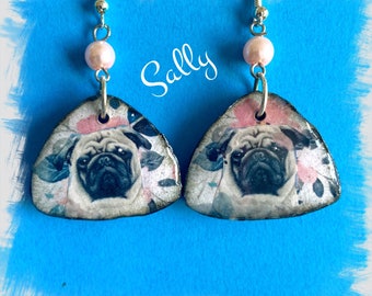 Original Handmade Fawn Pug dog polymer clay earrings Vintage Look Unique and Whimsical One of a Kind Hand Crafted by Sally