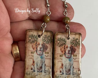 Brittany Spaniel Dog polymer clay earrings Vintage Look Whimsical Hand Crafted in the USA by Sally