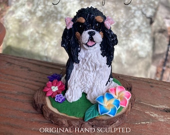 Original polymer clay Tri Color Cavalier King Charles Spaniel Spring sculpture One of a Kind and hand sculpted by Sally's Bits of Clay