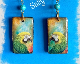 Handmade Green Macaw Parrot polymer clay earrings Vintage Look Unique and Whimsical One of a Kind Hand Crafted by Sally