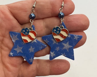 polymer clay Patriotic Memorial Day July 4th Independence Day Star Earrings Unique and Whimsical One of a Kind Hand Crafted by Sally