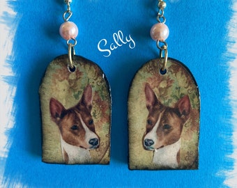 Unique red and white Basenji dog polymer clay earrings Vintage Look Whimsical One of a Kind Hand Crafted by Sally