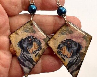 Unique Rottweiler Rottie dog earrings Vintage Look Whimsical One of a Kind Hand Crafted by Sally