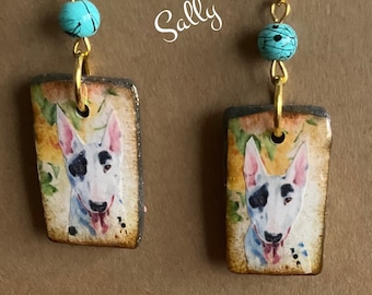 Bull Terrier dog polymer clay earrings Vintage Look Unique and Whimsical One of a Kind Hand Crafted in the USA by Sally