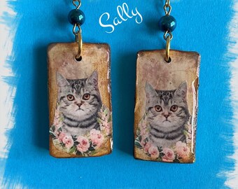Handmade Tabby Cat polymer clay earrings Vintage Look Unique and Whimsical One of a Kind Hand Crafted by Sally