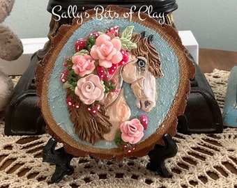 Pretty HORSE hand sculpted on real wood slice with Polymer Clay by Sally's Bits of Clay Original and One of a kind Easel included