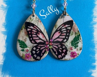 Original and unique Butterfly earrings Vintage Look Whimsical One of a Kind Hand Crafted by Sally