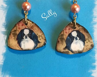 Handmade black and white Japanese Chin polymer clay earrings Vintage Look Whimsical One of a Kind designed and Hand Crafted by Sally
