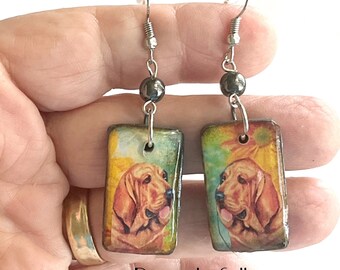 Bloodhound dog earrings Vintage Look Unique and Whimsical One of a Kind Hand Crafted in the USA by Sally