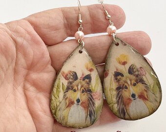 SWEET sable Shetland Sheepdog Sheltie dog earrings Vintage Look Whimsical One of a Kind Hand Crafted by Sally