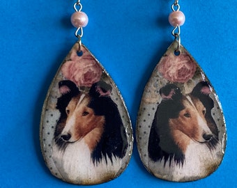 Unique Tri color Sheltie Shetland Sheepdog earrings Vintage Look Whimsical One of a Kind Hand Crafted by Sally