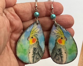 Unique Cockatiel Parrot earrings Vintage Look Whimsical One of a Kind Hand Crafted by Sally