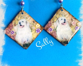 Cute Great Pyrenees dog earrings Vintage Look Whimsical One of a Kind Hand Crafted by Sally