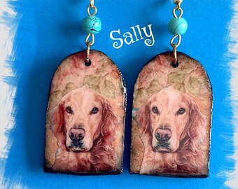 Unique Golden Retriever dog polymer clay earrings Vintage Look Whimsical One of a Kind Hand Crafted by Sally