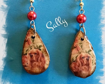 Sweet handmade Ruby Cavalier King Charles Spaniel polymer clay earrings Vintage Look Whimsical One of a Kind Hand Crafted by Sally
