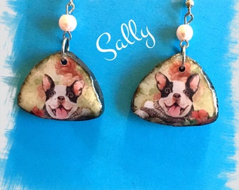 Handmade black and white French Bulldog polymer clay earrings Vintage Look Whimsical One of a Kind designed and Hand Crafted by Sally