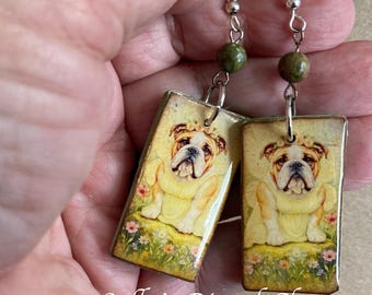 English Bulldog Fairy Earrings: Polymer Clay, Stone Beads, Stainless Steel Hooks Handmade in the USA by Sally