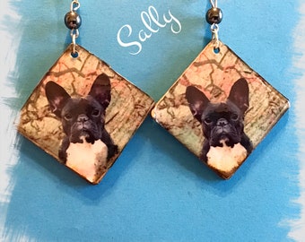 Cute French Bulldog black with white chest earrings Vintage Look Whimsical One of a Kind Hand Crafted by Sally