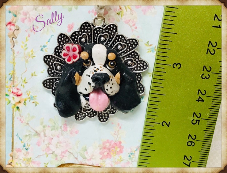 Black Tri Color Basset Hound with flower dog Pendant Necklace Unique and One of a Kind Hand Crafted by Sally