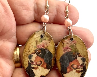 Bernese Mountain Dog polymer clay earrings Vintage Look Whimsical One of a Kind Hand Crafted in the USA by Sally