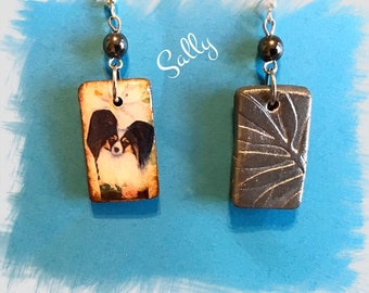 Adorable tri color Papillon dog polymer clay earrings Vintage Look Whimsical One of a Kind Hand Crafted by Sally