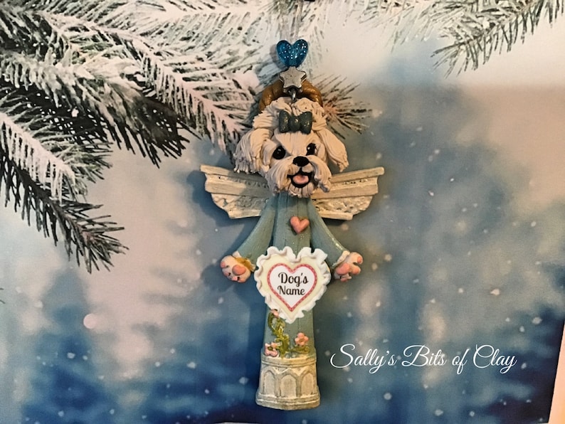 Maltese Angel Dog Blue bow in Topknot Christmas Ornament READY to SHIP PERSONALIZED with dog/'s name by Sally/'s Bits of Clay