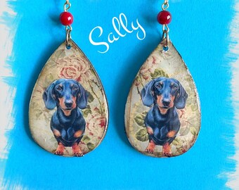 Unique Black and Tan Dachshund dog earrings Vintage Look Whimsical One of a Kind Hand Crafted by Sally