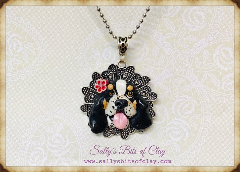 Black Tri Color Basset Hound with flower dog Pendant Necklace Unique and One of a Kind Hand Crafted by Sally