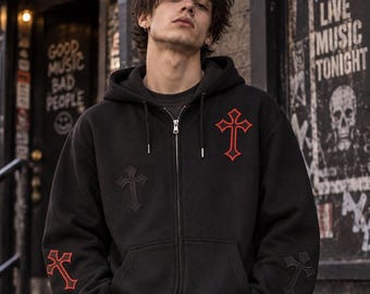 Cross Zip Up Hoodie: Black Cotton Blend Sweatshirt
