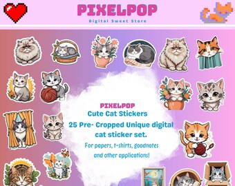 Pixel Pop Cute Cat Stickers Digital Pre-Cropped and Premium Quality PNG Stickers for GoodNotes and other note applications, T-Shirts, Cases