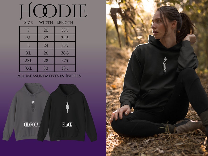 May include: A black and charcoal gray hoodie with a white graphic design. The hoodie has a drawstring hood and a kangaroo pocket. The size chart shows the width and length of the hoodie in inches.