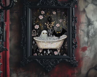 Ghost and Bat in Bathtub Digital Download, Cute Halloween Art,  Halloween Bathroom Decor, Dark Academia Halloween,  Printable Wall Art