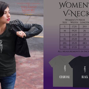 May include: Black and charcoal gray V-neck t-shirts with a white graphic design of a stylized rune. The t-shirts are available in sizes S-3XL. The size chart shows the width and length of each size in inches.