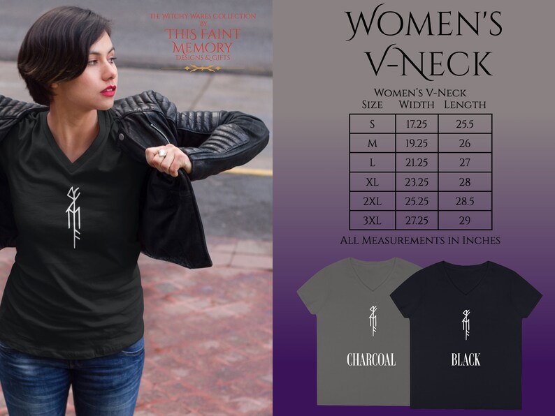 May include: Black and charcoal gray V-neck t-shirts with a white graphic design of a stylized rune. The t-shirts are available in sizes S-3XL. The size chart shows the width and length of each size in inches.