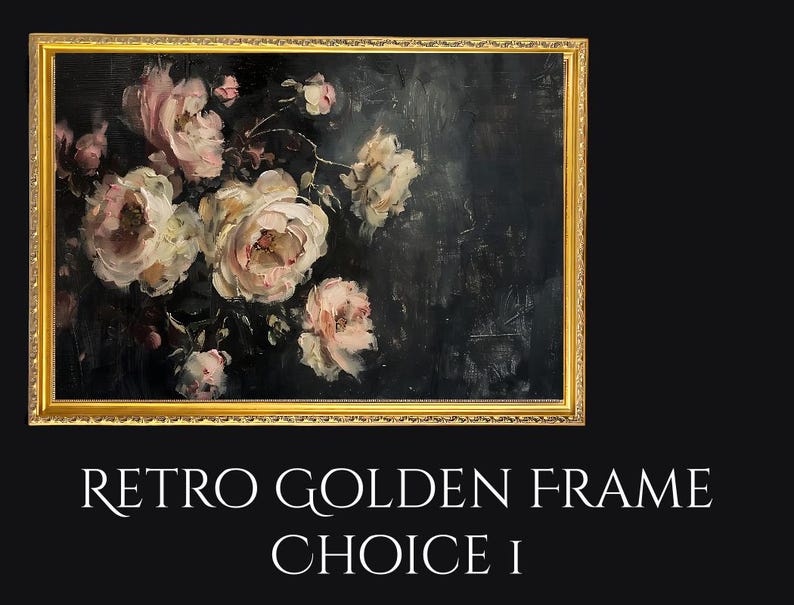 May include: A framed floral painting with a gold-colored ornate frame. The artwork features light pink and white flowers against a dark background. The text "RETRO GOLDEN FRAME CHOICE I" is below the painting.