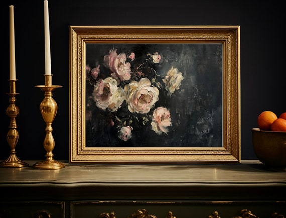 Moody Black Peonies Framed Print, Dark Academia Botanical Wall Art, Victorian Gothic Bedroom Decor, Unframed Option Available
