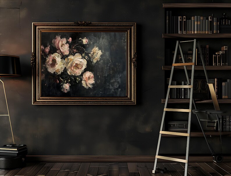 May include: An oil painting of white and pink roses in a dark, ornate gold frame hangs on a dark wall. A black lamp and a library ladder are also visible. The room has a classic, vintage aesthetic.