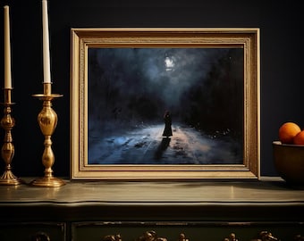 May include: A framed oil painting depicting a lone figure walking down a path in a dark, foggy forest. The figure is wearing a long, dark coat and is illuminated by a faint light in the distance. The painting has a moody and atmospheric feel.