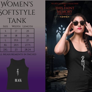 May include: Black tank top with a white symbol and the text "THIS FAINT MEMORY DESIGNS & GIFTS". Size chart included with measurements in inches.