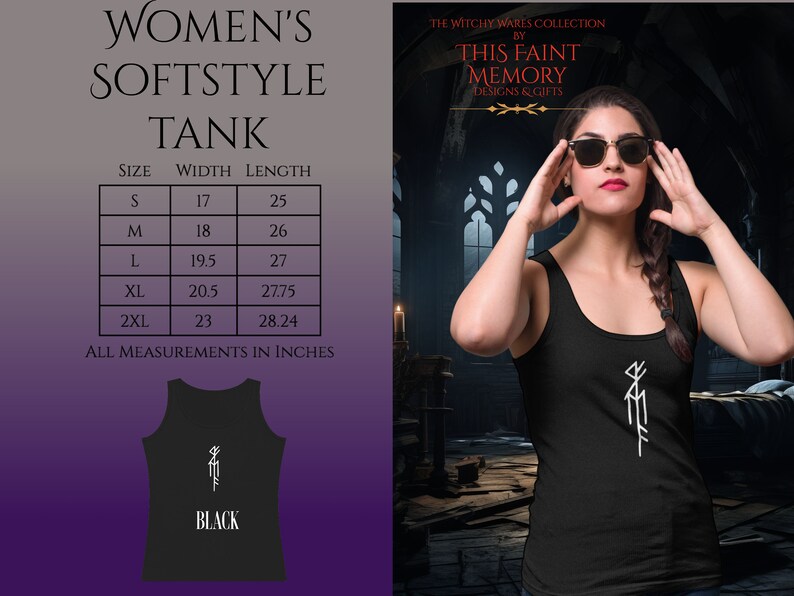 May include: Black tank top with a white symbol and the text "THIS FAINT MEMORY DESIGNS & GIFTS". Size chart included with measurements in inches.
