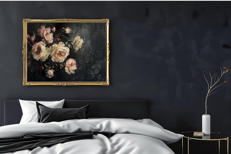 Moody Black Peonies Framed Print, Dark Academia Botanical Wall Art, Victorian Gothic Bedroom Decor, Unframed Option Available image 2