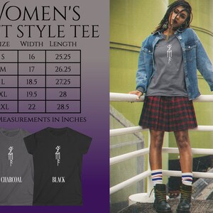 May include: A charcoal gray and black soft style tee with a white graphic design. The tee is available in sizes S, M, L, XL, and 2XL. The size chart shows the width and length of each size in inches.