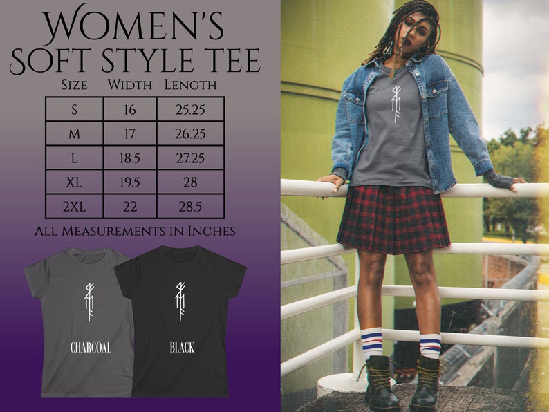 May include: A charcoal gray and black soft style tee with a white graphic design. The tee is available in sizes S, M, L, XL, and 2XL. The size chart shows the width and length of each size in inches.