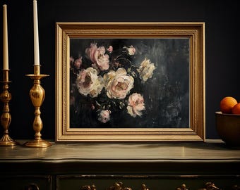 Dark Academia Wall Art Print, Black Peonies Gothic Moody Poster, Vintage Oil Portrait, Whimsigoth Home Decor Gift