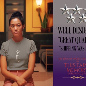 May include: A woman wearing a gray t-shirt with a white design. The t-shirt has a white design of a symbol with lines and angles. The background is a blurry image of a room with a yellow wall and a green couch. The text "WELL DESIGNED", "GREAT QUALITY", "SHIPPING WAS EASY", "THE WITCHY WARES COLLECTION BY THIS FAINT MEMORY DESIGNS & GIFTS" is visible in the image.