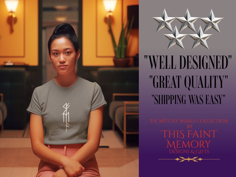 May include: A woman wearing a gray t-shirt with a white design. The t-shirt has a white design of a symbol with lines and angles. The background is a blurry image of a room with a yellow wall and a green couch. The text "WELL DESIGNED", "GREAT QUALITY", "SHIPPING WAS EASY", "THE WITCHY WARES COLLECTION BY THIS FAINT MEMORY DESIGNS & GIFTS" is visible in the image.