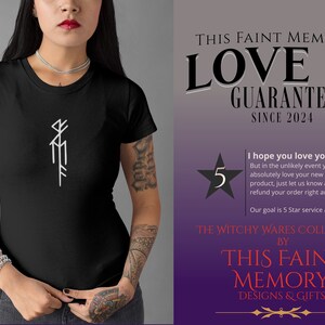 May include: A black t-shirt with a white graphic of a stylized symbol. The t-shirt is worn by a person with tattoos on their arms. The text "THIS FAINT MEMORY'S LOVE IT GUARANTEE SINCE 2024" is in the background.