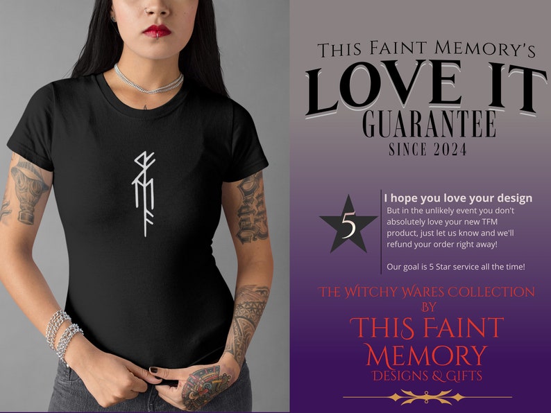 May include: A black t-shirt with a white graphic of a stylized symbol. The t-shirt is worn by a person with tattoos on their arms. The text "THIS FAINT MEMORY'S LOVE IT GUARANTEE SINCE 2024" is in the background.